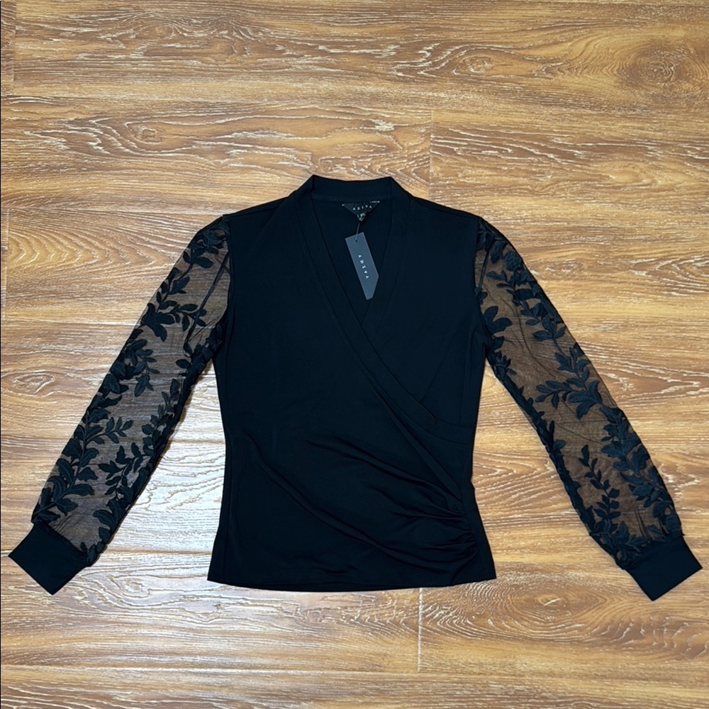 NWT Elegant Black Wrap Top with Sheer Sleeves